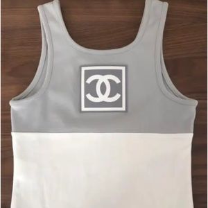 CHANEL Sport Vintage Coco Logo Tank Tops Bicolor Metallic Ivory Cotton RankA